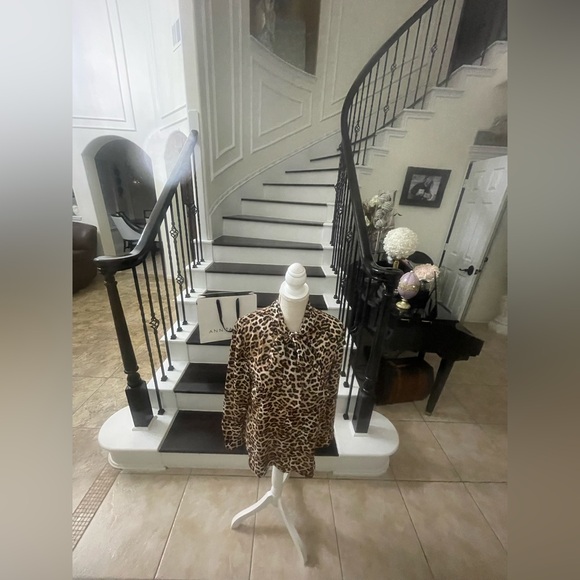 Ann Taylor Factory Leopard Print Tie-Neck Blouse - Brown & Black - Picture 10 of 15